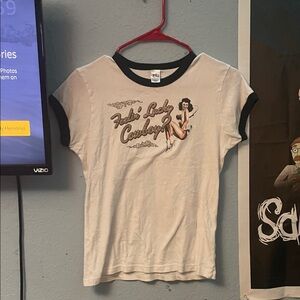 Abella Cream Ringer Tee with Black Trim and Retro Pin-Up Graphic